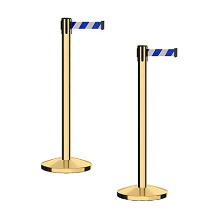 CCW Series RBB-100 Retractable Belt Barrier, 2 Polished Brass Stanchions - color: Blue and white diagonal, size: 7.5 Foot