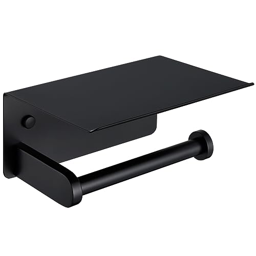 APLusee Toilet Paper Holder with Phone Shelf, Matte Black, Wall Mounted - color: Matte Black, size: Single Rod