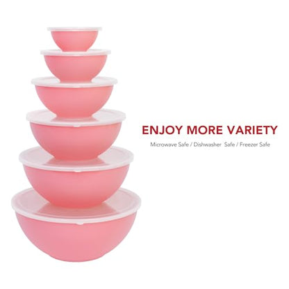 BoxedHome BPA Free Plastic Round Mixing Bowl with Lids, 12 Pack Nesting Bowls with Lids Set, Microwave and Dishwasher Safe Prep & Serving Bowls Great for Mixing, Baking, Serving (Pink, 12pcs) - color: Pink