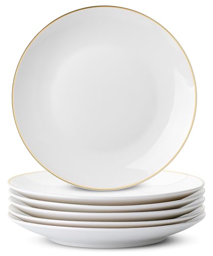 BTaT- White Dessert Plates with Gold Rim, Set of 6, 8" Round, Porcelain, Elegant Style, Dinner Plates - color: White with Gold rim, size: 8 inch, Set of 6