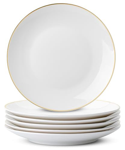 BTaT- White Dessert Plates with Gold Rim, Set of 6, 8" Round, Porcelain, Elegant Style, Dinner Plates - color: White with Gold rim, size: 8 inch, Set of 6