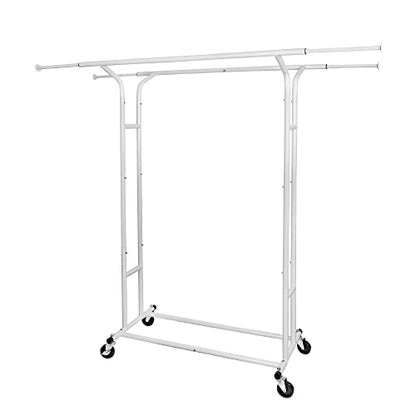 Fishat White 60" H Heavy Duty Double Rod Rolling Garment Clothes Rack - color: White