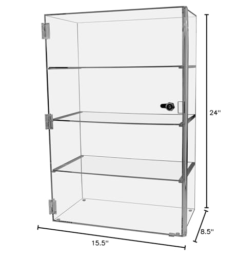 Marketing Holders Acrylic Locking Retail Cabinet with Keys Clear Free Standing Three Shelf 15.5" x 8.5" x 24" Countertop Display Locker Merchandise Showcase Storage Multi Level Cupboard - size: 15.5" x 8.5" x 24"