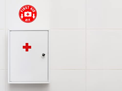 (Set of 5) First Aid Kit Sign Red | 4.5" Circle | 4 Mil Vinyl - LAMINATED For Ultimate Protection & Durability - Self Adhesive Decal - UV Protected & Weatherproof - Heavy Duty