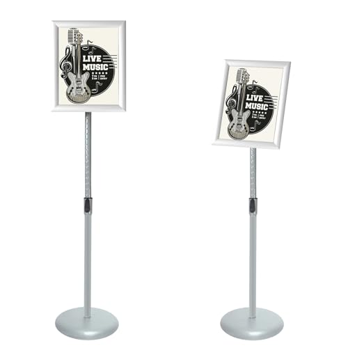 Adjustable Pedestal Poster Sign Stand with Heavy Duty Base Sign Holder Aluminum Snap Open Frame for 8.5 x 11 inches Both Vertical and Horizontal View Displayed Used for Living and Business(Silver）