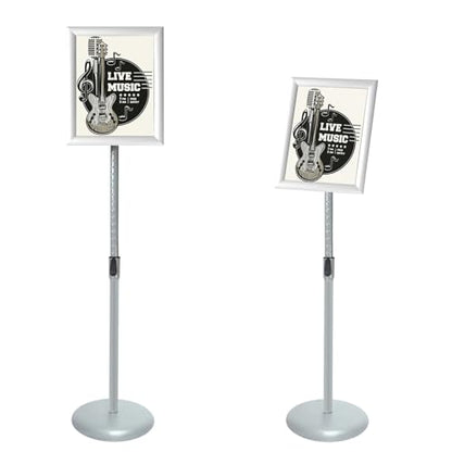 Adjustable Pedestal Poster Sign Stand with Heavy Duty Base Sign Holder Aluminum Snap Open Frame for 8.5 x 11 inches Both Vertical and Horizontal View Displayed Used for Living and Business(Silver）