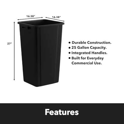Black, 25 Gallon Square Commercial Trash Can, Heavy-Duty Garbage Can, Industrial Trash Bin for Restaurants/Commercial Facilities/Warehouses - color: Black, size: 25 Gallon