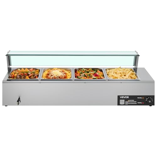 VEVOR Commercial Food Warmer, 1500W Electric Stainless Steel Steam Food Warmer with Glass Cover, 4-Pan Countertop Buffet Bain Marie with Soup & Perforated Ladles, for Catering, Restaurant & Party - size: 4x1/2Pan;48QT