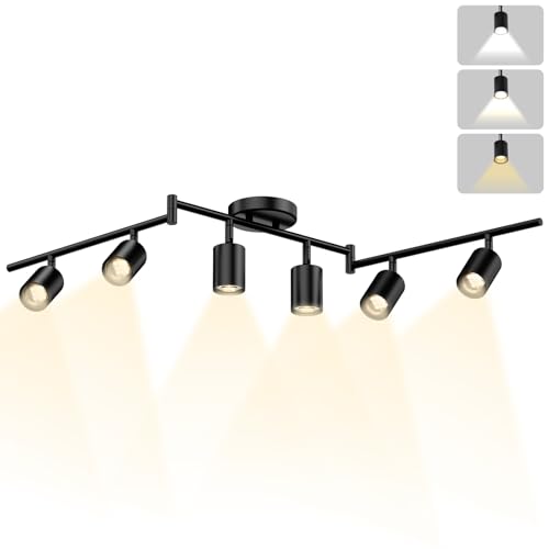 LED 6 Light Track Lighting Kit, 48" Black 6 Way Ceiling Spotlights Fixture, 3 CCT Adjustable, with Flexibly Rotatable Light Heads for Kitchen, Living Room, Bedroom, Includes 6 x GU10 Bulb - color: Black, size: 6