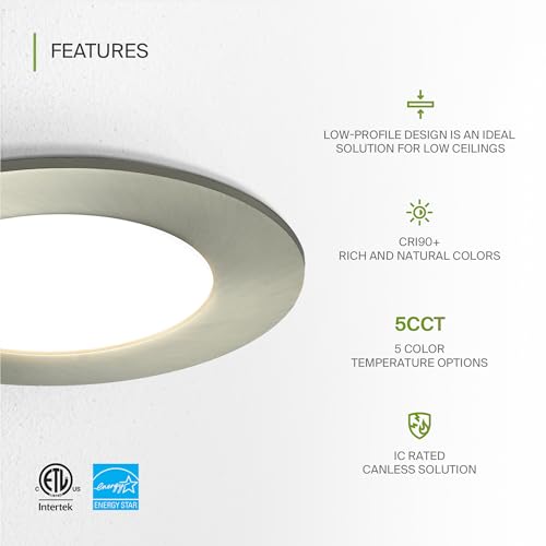 ASD 6 Pack LED Recessed Lighting 4 Inch 9W, 5 CCT 2700K-5000K CRI90+, IC Rated Ultra Thin Dimmable Ceiling Lights with J Box, Canless Wafer Downlight, Round Slim Panel Light, Energy Star ETL, Nickel - color: Nickel, size: 4 Inch 6 Pack