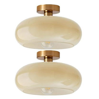 Gold Brass Flush Mount Ceiling Light Fixtures Mid Century Modern Ceiling Lights Brushed Milk Yellow Shade Glass Semi Flush Mount Light for Farmhouse Hallway Kitchen Sink Ceiling Lamp - color: Flush-Milk Yellow 2