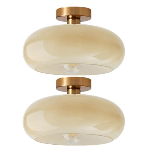 Gold Brass Flush Mount Ceiling Light Fixtures Mid Century Modern Ceiling Lights Brushed Milk Yellow Shade Glass Semi Flush Mount Light for Farmhouse Hallway Kitchen Sink Ceiling Lamp - color: Flush-Milk Yellow 2