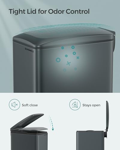 SONGMICS Kitchen Trash Can with Lid, 13-Gallon (50 L) Slim, Stainless Steel - color: Charcoal Gray, style: 13 Gal.