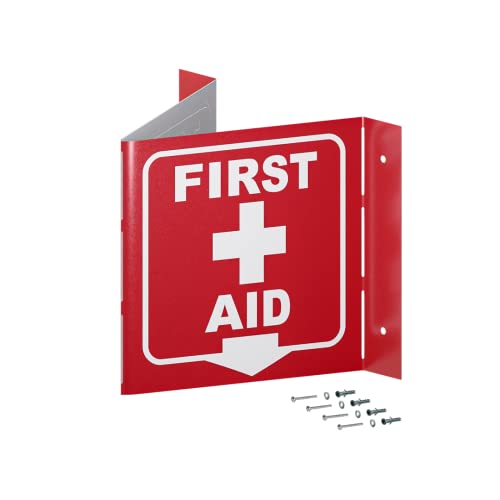 Stay Safe with our OSHA Compliant Folded Projecting First Aid Sign - 5"x7", 1mm Aluminum, Essential Workplace Safety Warning - color: First Aid