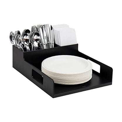 Mind Reader Utensil Napkin and Plate Organizer Tray, Countertop Caddy with 7 Compartments, Holds Plates up to 10.5 Inches, Breakroom and Buffet Organizer, Plastic, Black - size: Napkin & Plate Holder