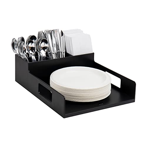 Mind Reader Utensil Napkin and Plate Organizer Tray, Countertop Caddy with 7 Compartments, Holds Plates up to 10.5 Inches, Breakroom and Buffet Organizer, Plastic, Black - size: Napkin & Plate Holder