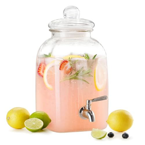 Kook Glass Drink Dispenser, with Leak-Proof Stainless Steel Spigot and Customizable Label Tag, Clear Mason Jar, Beverage Storage for Fridge, for Water, Iced Tea, Sangria, Lemonade, 1.25 Gallon