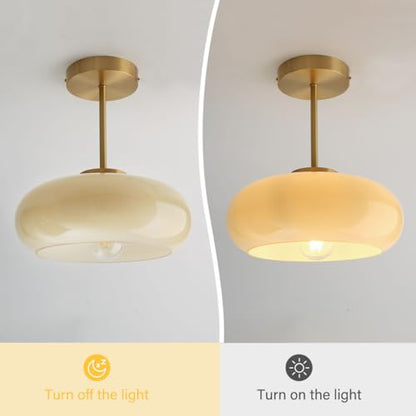 mid Century Ceiling Light Milk Glass Ceiling Light fixtures Glassshade Gold Modern Semi Flush Mount Ceiling Light, Globe Glass Ceiling Lamp Hallway Dining Room Kitchen - color: Milk Yellow