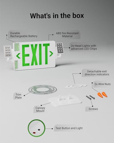 Sunco 24 Pack Green LED Exit Sign with Emergency Lights, Two Adjustable Head Lights, Backup Battery, 94V-0 Fire Resistant, 120-277V, Wall or Ceiling Mount, Commercial Grade, UL - size: 24 Pack