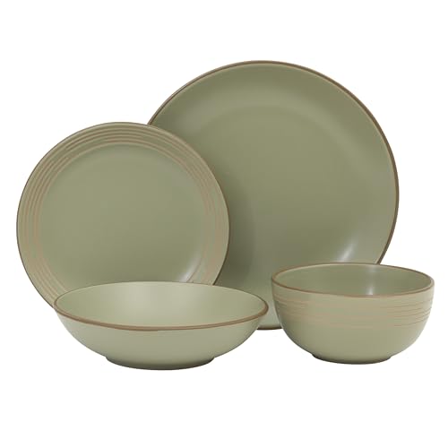 Gibson Home Chiswick House 16-Piece Stoneware Dinnerware Set, Round Plates and Bowls Set for 4, Green with Wax Relief Embossed Rim Detail, Dishwasher Safe – Dinner Plate, Salad Plate & Cereal Bowl - color: Green w/ Wax Relief Embossed Rim (Chiswick House)