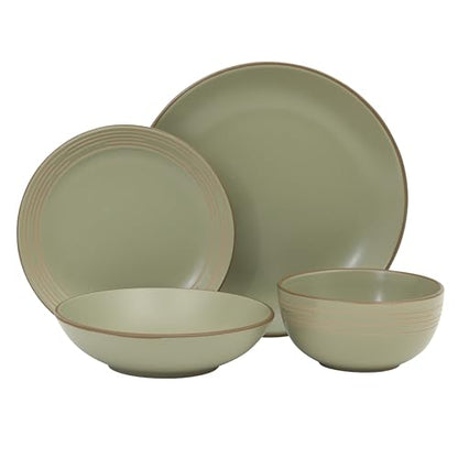 Gibson Home Chiswick House 16-Piece Stoneware Dinnerware Set, Round Plates and Bowls Set for 4, Green with Wax Relief Embossed Rim Detail, Dishwasher Safe – Dinner Plate, Salad Plate & Cereal Bowl - color: Green w/ Wax Relief Embossed Rim (Chiswick House)