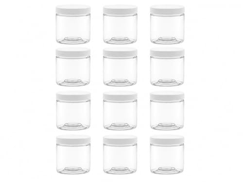 12 Pack - 8 oz (1 Cup) Plastic Storage Jars with 70-400 Leak Proof White Lid, Food Grade, BPA Free, Hand Wash Only (8oz, 12pk) - size: 8oz, 12PK White