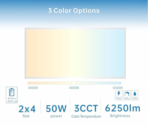 2X4 LED Flat Panel Light with Emergency Battery Backup, 50W 3000K/4000K/5000K, 0-10V Dimmable, 6500 Lumens, Backlit Drop Ceiling Panel, 100-277V, UL Listed, Built-in Backup – 2 Pack