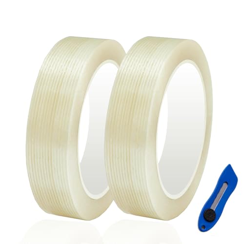 2-Pack Mono Filament Strapping Tape with Portable Craft Knife, 5.5mil x 1Inch x 55yds, Heavy Duty Transparent Reinforced Fiberglass Tape