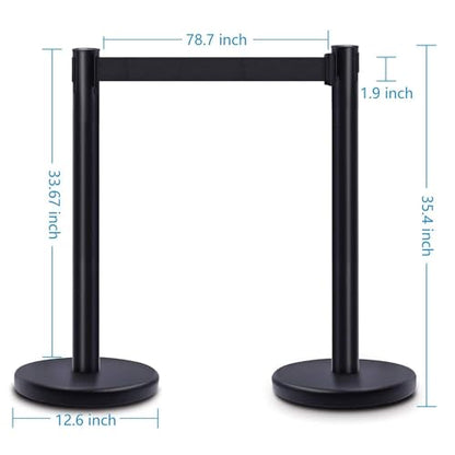 DuraSteel Black Crowd Control Barriers Stanchions with Retractable Belts - Metal Stanchion Posts w/ 6.5ft Black Retractable Barrier Belt Ropes - Queue VIP Safety Line Dividers - Set of 2 Stantions - color: Black Belt, style: Black Stanchion 2 Pcs Set