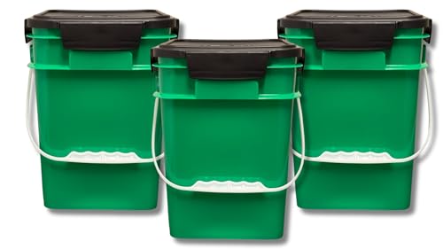 House Naturals 4 Gallon Square Food Grade Bucket Pail with Plastic Handles and Lid (Pack of 3) Made in USA containers (Green) - color: Green
