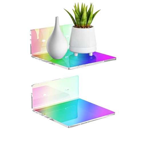 Sezanrpt 6 Inches Iridescent Acrylic Wall Shelves Set of 2, Wall Mounted Storage Display Shelves for Bedroom, Gaming Room, Living Room, Bathroom, Dining Room, Office, 2 Pack - color: Iridescent, size: 6 Inch