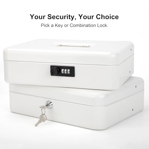 Jssmst Metal Cash Box with Money Tray and Lock, Portable Cash Drawer, 11.8" - color: White Key