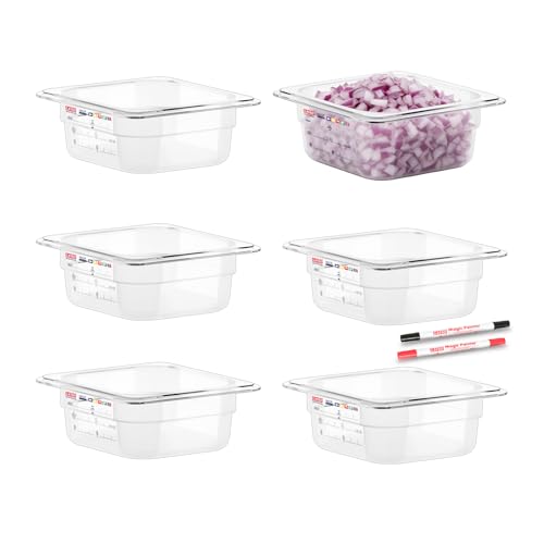 6-Pack 1/6 Size 2.5" Deep Polycarbonate Food Pans, NSF Commercial Clear Hotel Pan for Sauces, Condiments, Toppings & Small Prep, Food-Grade with Erasable Markers - color: 1/6 Size, size: 2.5" Deep