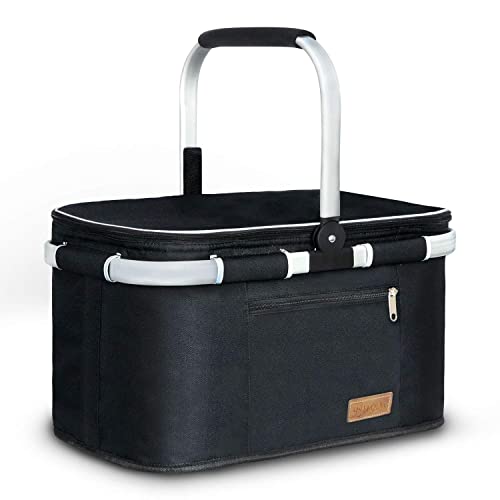 LIQING 35L Large Picnic Basket 2 Layers of Internal Pockets Leak-Proof and Insulated ，Folding with Internal Support for enhansed Stability, Wedding Gifts for Couple(Black) - color: Black