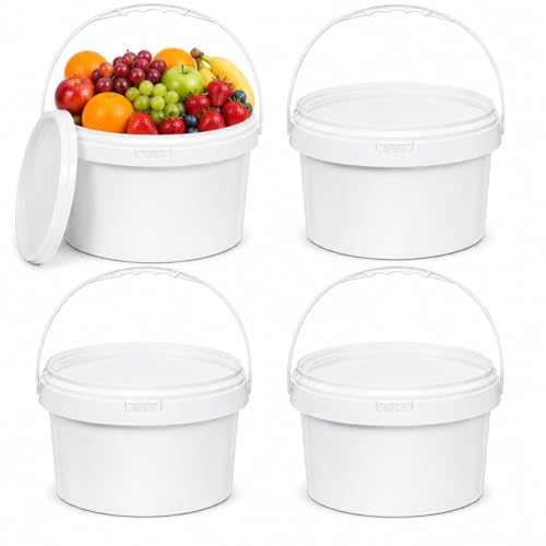 4 Pack 2.2 Gallon Plastic Bucket with Lid, Round Food Grade Large Storage Container for Water, Paint, Ice & Daily Use - color: White, size: 2.2 Gallon