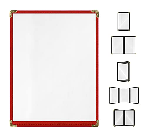 Goodsmart Restaurant Menu Covers – 25 Pack Red 2-View, Top-Loading Menu Holders, Vinyl & Plastic Café Menu Covers, Clear Menu Sleeves, Fits 8.5" x 11", Leather-Style Design, Gold Corners - color: Red, size: 1 Page / 2 Views - 8.5" x 11"