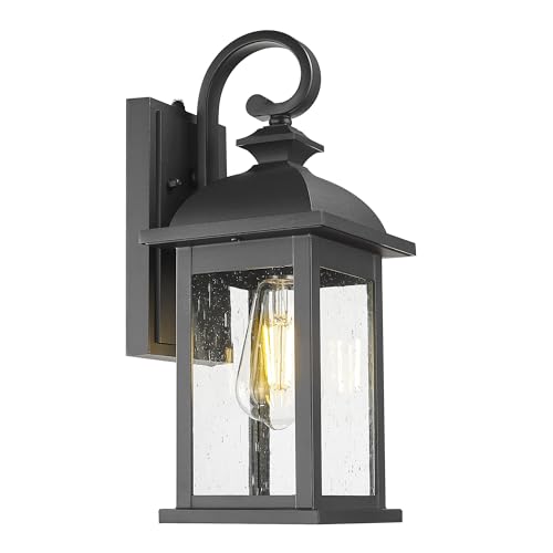 FEMILA Dusk to Dawn Outdoor Wall Sconce, 15" Matte Black Seeded Glass Outdoor Sconce Lights, Front Porch Light Fixtures Wall Mount, Garage Lights for Patio, Entryway, Garden, 4FD54B-PC BK - color: Matte Black, Seeded Glass, size: 15", Dusk to Dawn