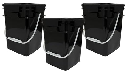 House Naturals 4 Gallon Square Food Grade Bucket Pail with Plastic Handles and Lid (Pack of 3) Made in USA containers (Black) - color: Black