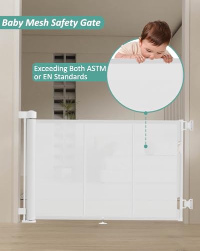 Miumoon 71 inch Reinforced Retractable Baby Gates 34 inch Tall - color: White, size: 34" Tall x 71" Wide