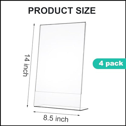 Wenqik 4 Packs 8. 5" x 14" Sign Holders Vertical l Shape Frame Acrylic Document Holder Side Loading Clear Flyer Holder Slanted Desk Paper Display Stand Graphic Poster Shelf for Restaurants Office