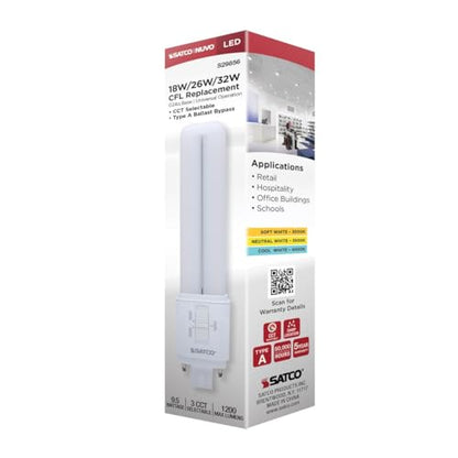 Satco LED PL Lamp 9.5W Replaces 18W/26W/32W CFL 3000K/3500K/4000K CCT Selectable G24q 4-Pin Base Dimmable S29856