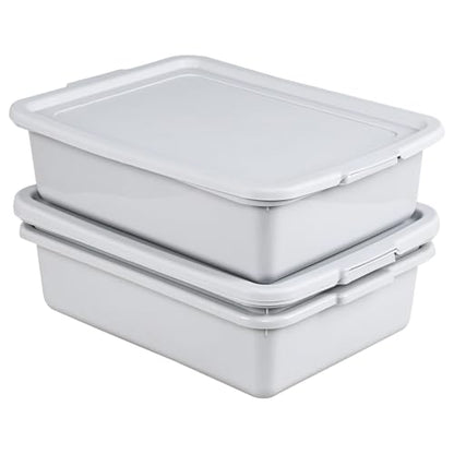 3 Pack 13 Liter Commercial Bus Tub Box Tote with Lids, Light Gray