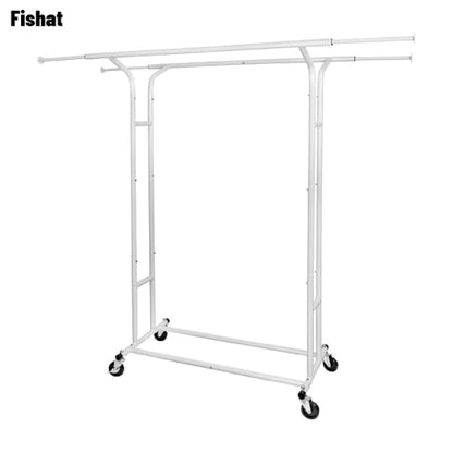 Fishat White 60" H Heavy Duty Double Rod Rolling Garment Clothes Rack - color: White