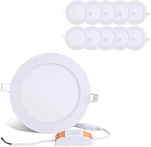 12W 6-inch Ultra-Thin Round LED Recessed Ceiling Panel Down Light with Driver, 1,000 Lumens, 80W Incandescent Equivalent, Home, Office, Commercial Lighting - Pack of 10, 6000K Cool White - color: 6000K - Cool White