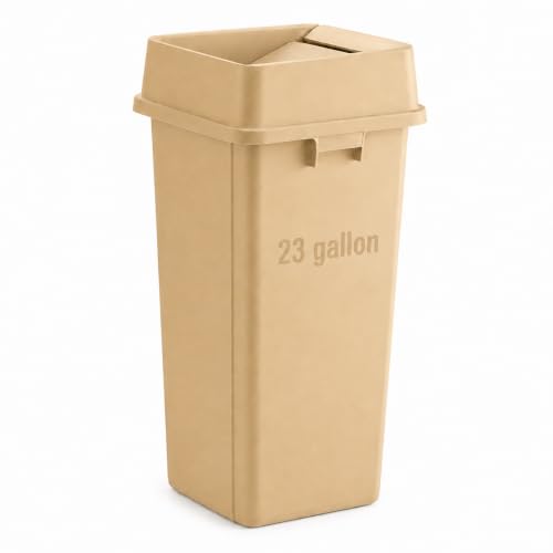 1 Pack Beige 23 Gallon Square Commercial Trash Can with Lid, Heavy Duty Plastic Waste Bin with Venting Channels and Built-in Handles - color: Beige, size: 23 Gallon
