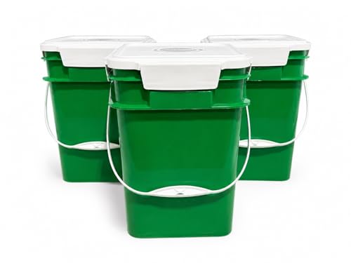 House Naturals 4 Gallon Square Food Grade Bucket Pail with Plastic Handles and Lid (Pack of 3) Made in USA containers (Green - White lids) - color: Green - White Lids