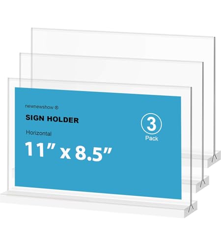 newnewshow Acrylic Sign Holder 11x8.5 Inch 3 Pack Horizontal T Shape Double-Sided Desktop Display Holder. (Optional 8.5x11 8.5x5.5 5x7 Horizontal and Vertical) - size: 3 Pack 11x8.5