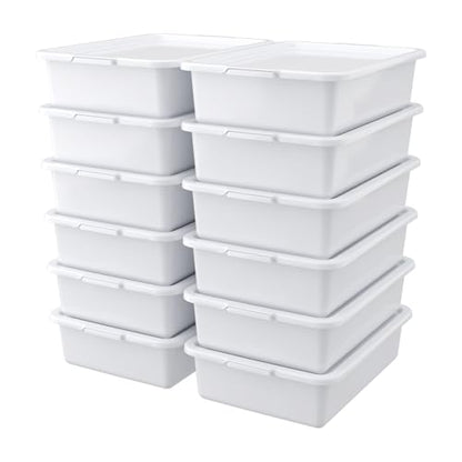 13 L Commercial Bus Tubs with Lid, White Plastic Bus Box, 12 Pack