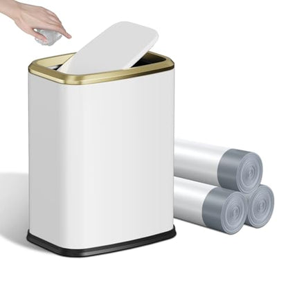 8L/2.1 Gallon Small Bathroom Trash Can with Lid, Swing-Top Rectangular Waste Bin, Stainless Steel Garbage Can for Home, Office, Toilet, Bedroom, Living-Room (White) - color: White