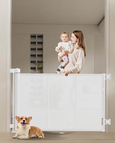 Miumoon 71 inch Reinforced Retractable Baby Gates 34 inch Tall - color: White, size: 34" Tall x 71" Wide
